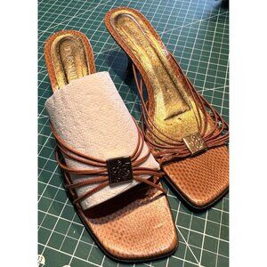 Louis Vuitton Womens Snakeskin Beige Heel Sandals Size 8 With Gold Accents VTG